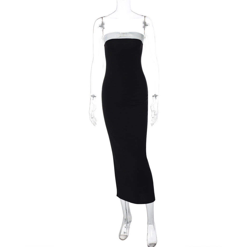 Women Clothing Spring Summer Sexy Tube Top Black White Color Matching Waist Slimming Slit Dress