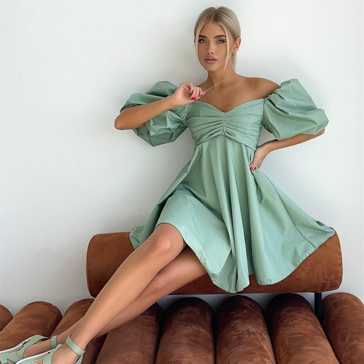 Off Neck Short Dress for Women Summer Puff Sleeve High Waist A line Dress French Princess Dress for Women