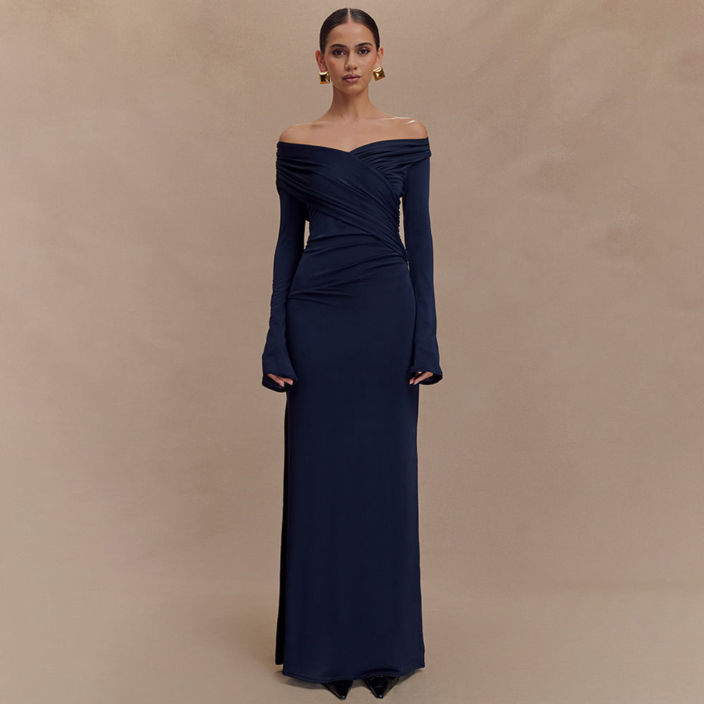 Women Spring Sexy V neck Pleated Hip Dress