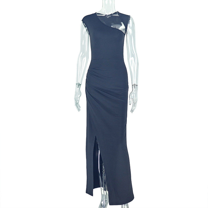Graceful Women Solid Color Pleated Slim Fit Slit Hip Dress Diagonal Collar Hollow Out Cutout out Length Dress