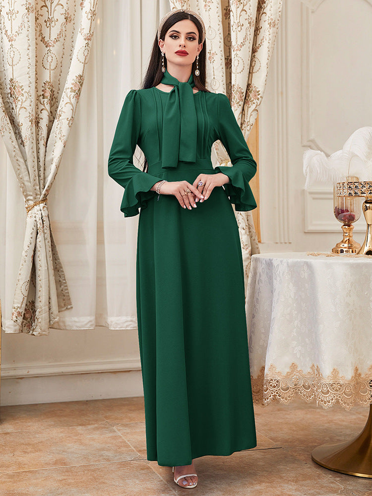 Women Clothing Autumn Elegant Solid Color High Waist Dress