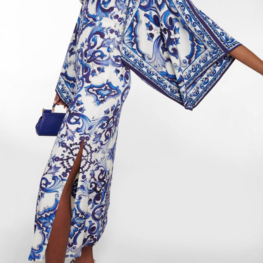 Women Blue White Porcelain Printed off Neck Loose Dress