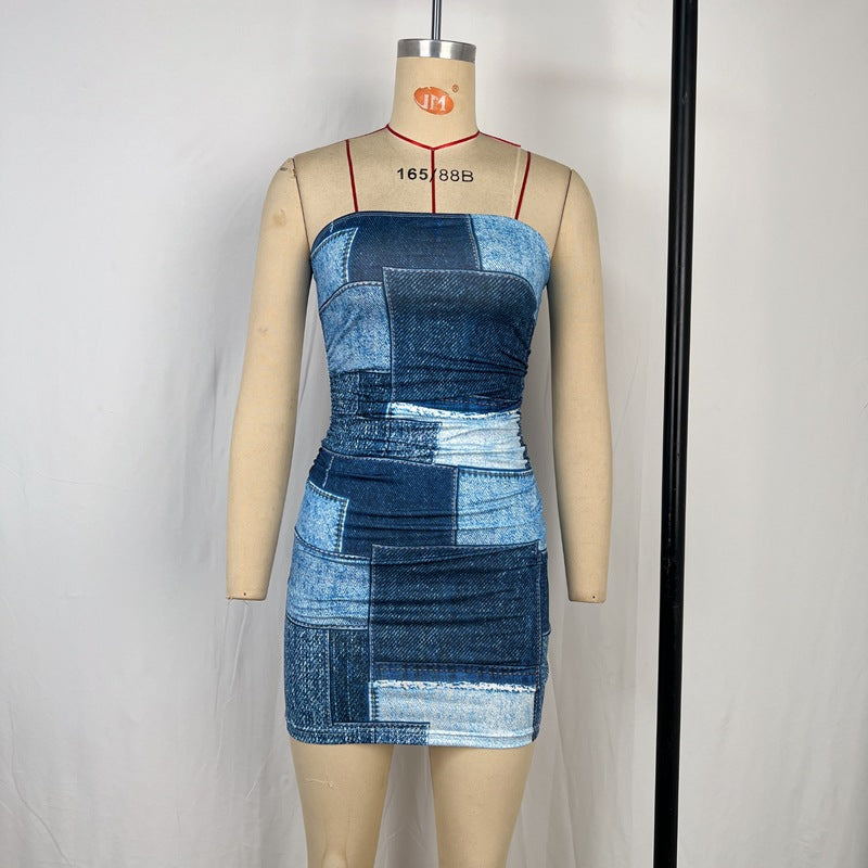Women Clothing Summer Printed Slim Fit Sheath Dress Denim Color Advanced Tube Top