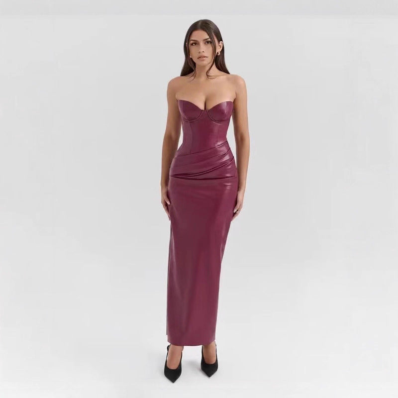 Leather Tube Top Dress Sexy Lace up Slit Sheath Maxi Dress Evening Dress