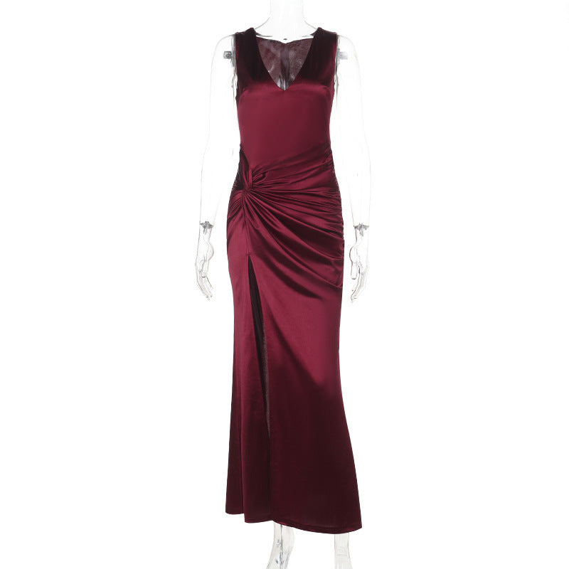 Sexy Deep V Plunge neck Satin Split Sling Dress Women Slim Formal Dress