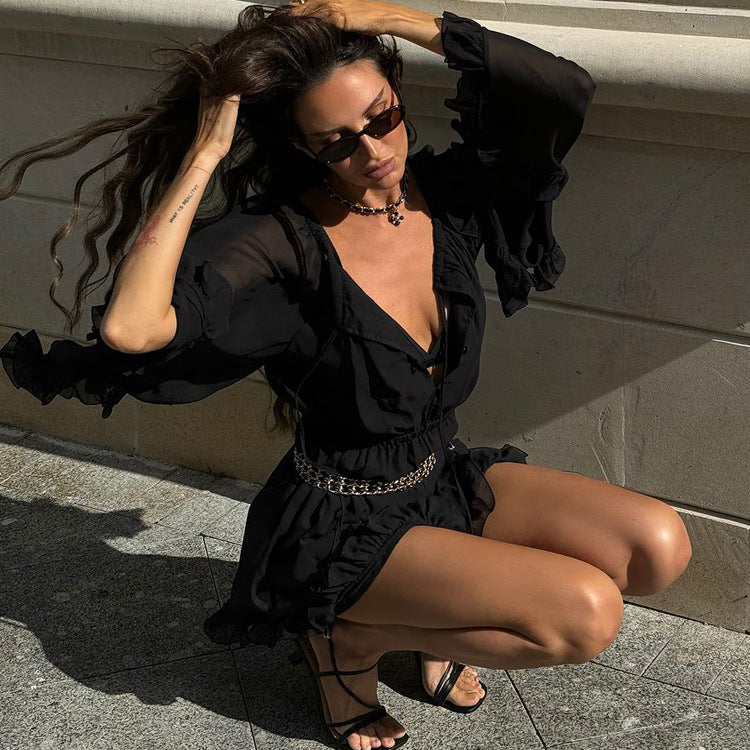 Mesh See through Long Sleeve Square Neck Lace up Black Dress Spring Summer Dress Fitted Waist Pleated A line Dress