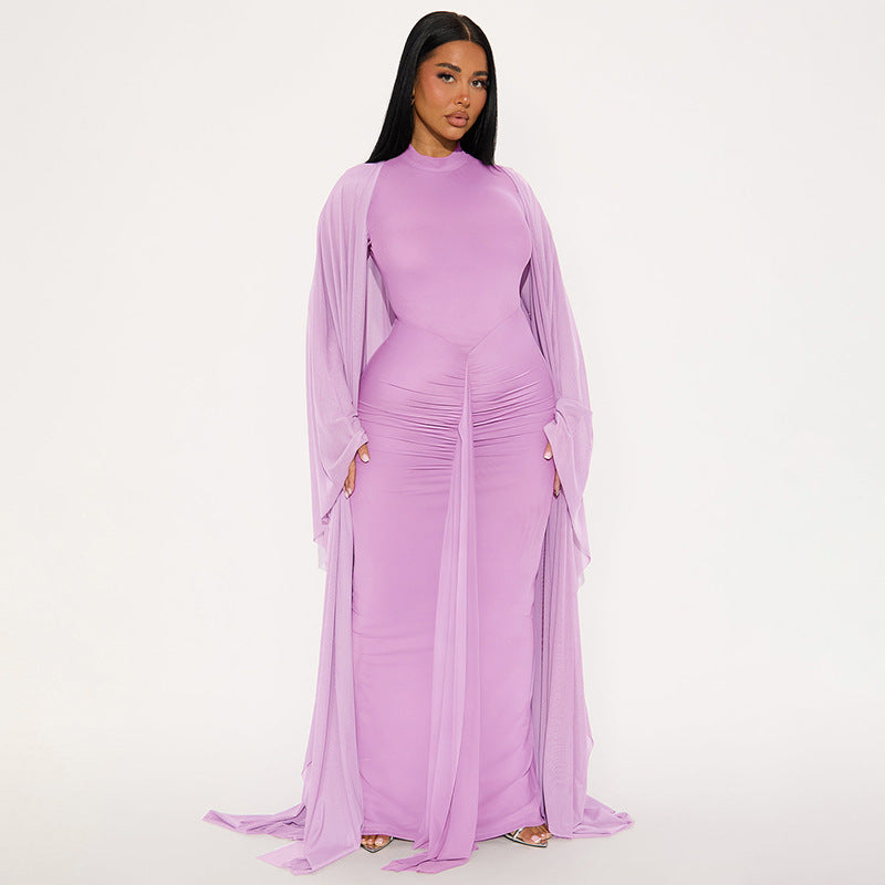 Women Clothing Pullover Backless Long Sleeves Ribbon Dress Mesh Long Wrap Slim Fit Two Piece Sets