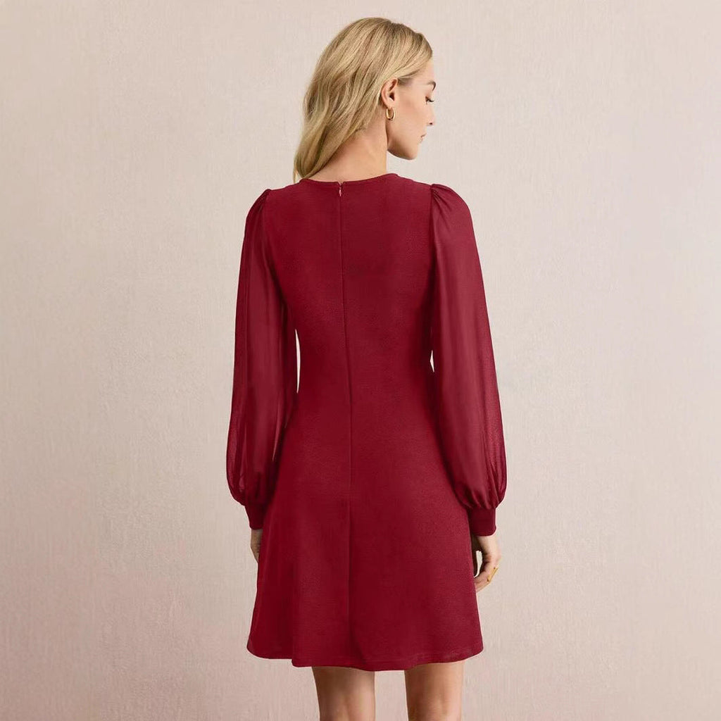 Early Spring Women Slim Fit Slimming Solid Color Clinch Stitching Long Sleeve Dress