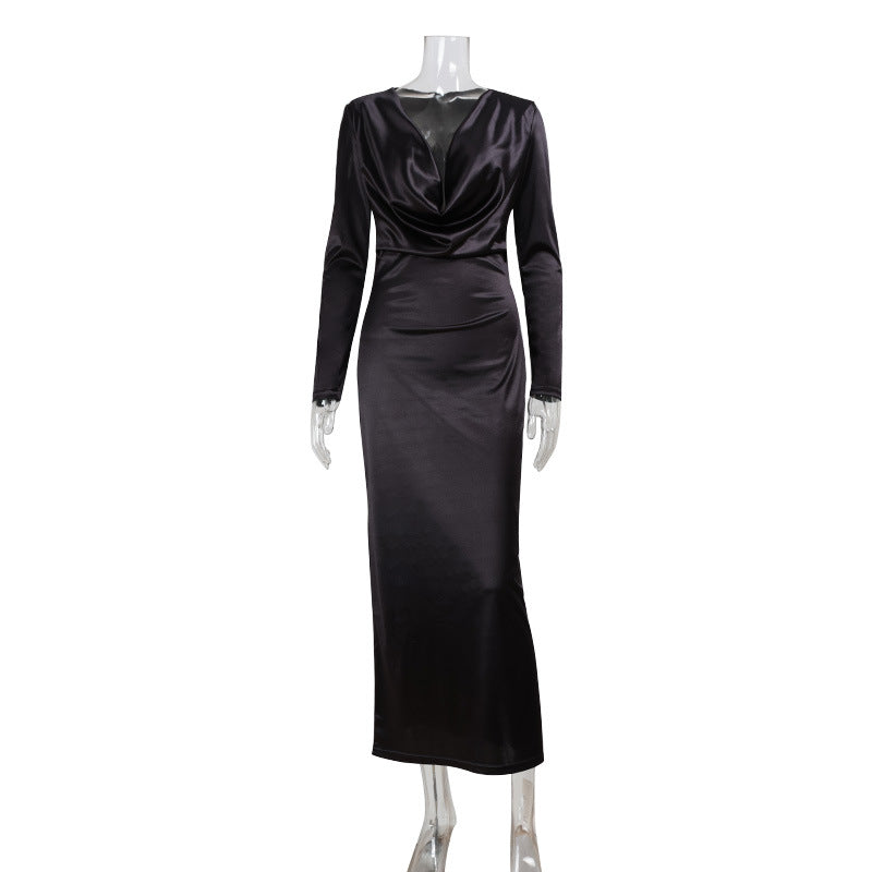 Arrival Autumn Elegant Solid Color Long Sleeve V neck Satin Bright Silk Dress Evening Dress