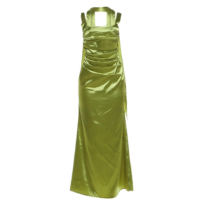 Spring Women Clothing Solid Color Square Collar Slim Fit Backless Pleated Dress