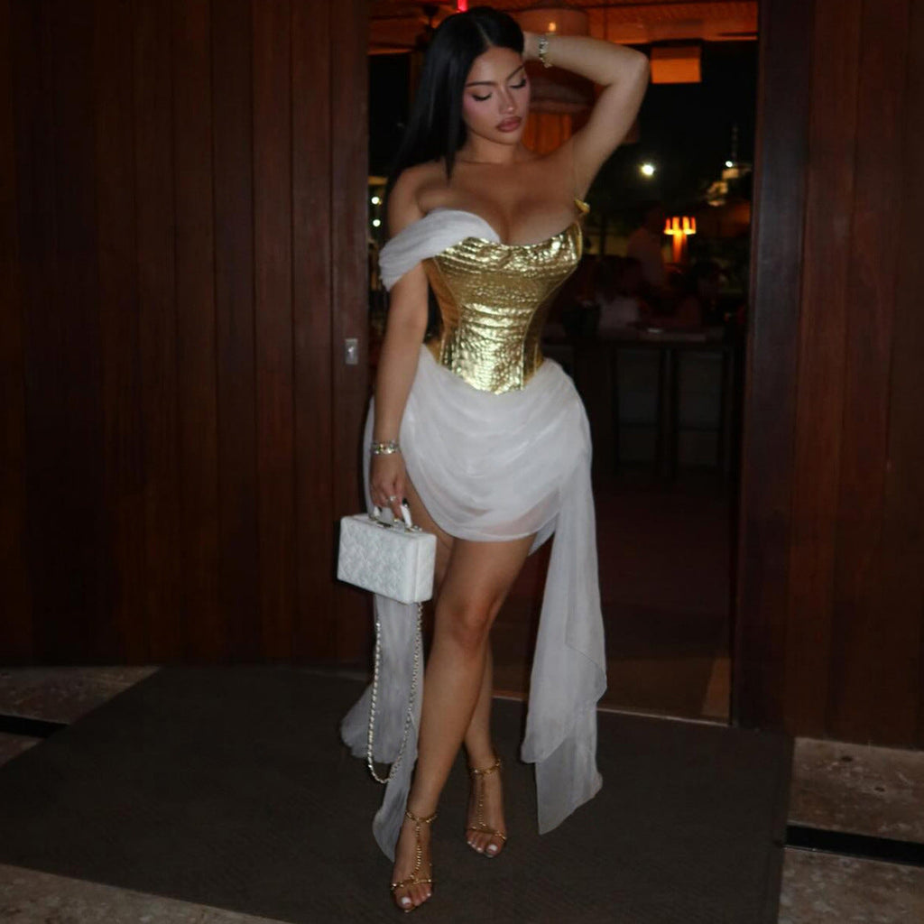 Spring Women Clothing Golden Bright Surface Mesh Stitching Ribbon Sexy Dress
