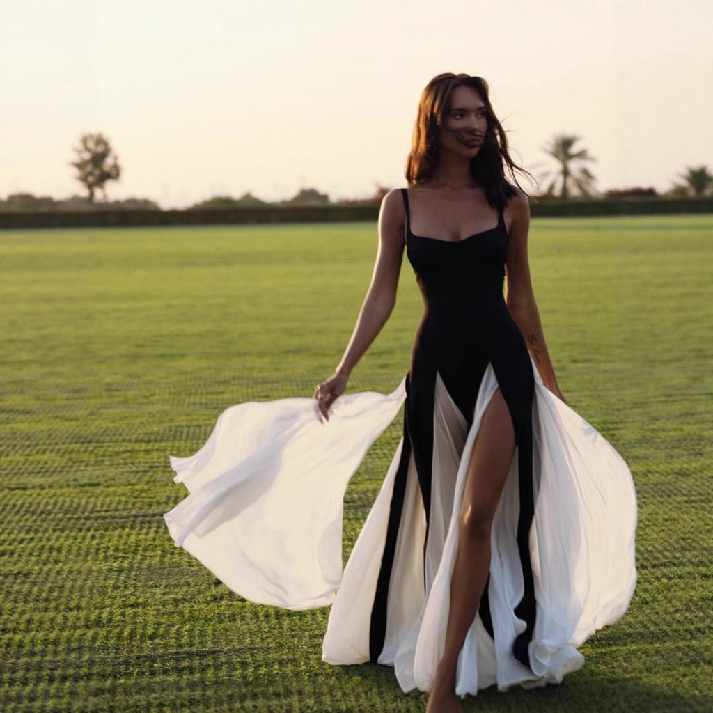 Suspender Contrast Color Split Dress Sexy Waist Trimming Vacation Evening Maxi Dress