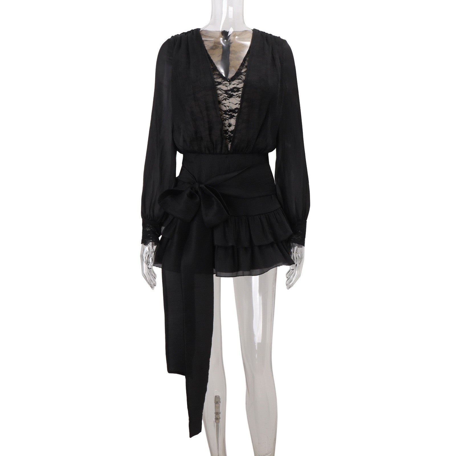 Autumn French Pure Lace Splicing Sexy V neck Long Sleeve Dress