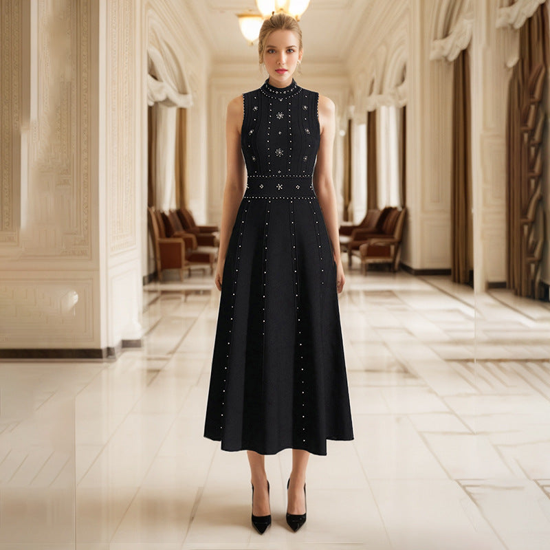 Elegant Spring Beads Rhinestones round Neck Sleeveless Waist Slimming Slim Fit A line Dress