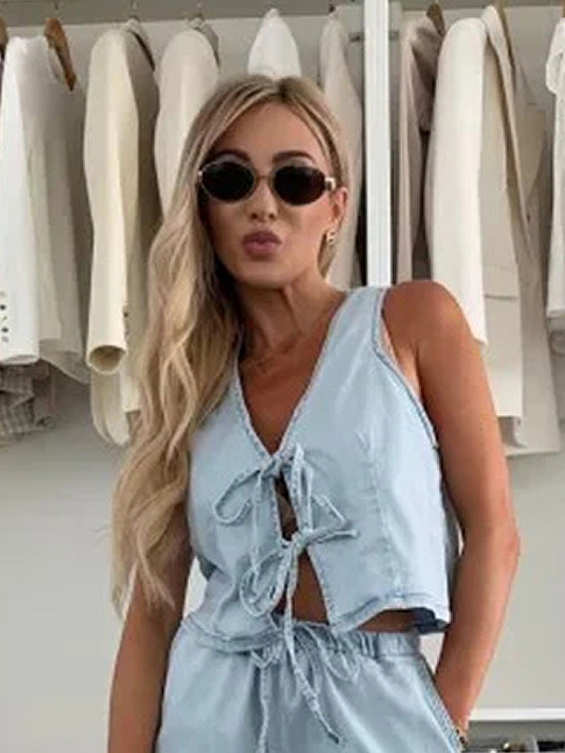 Women Spring Summer Sleeveless Lace up Vest Lace up Wide Leg Jeans Denim Set