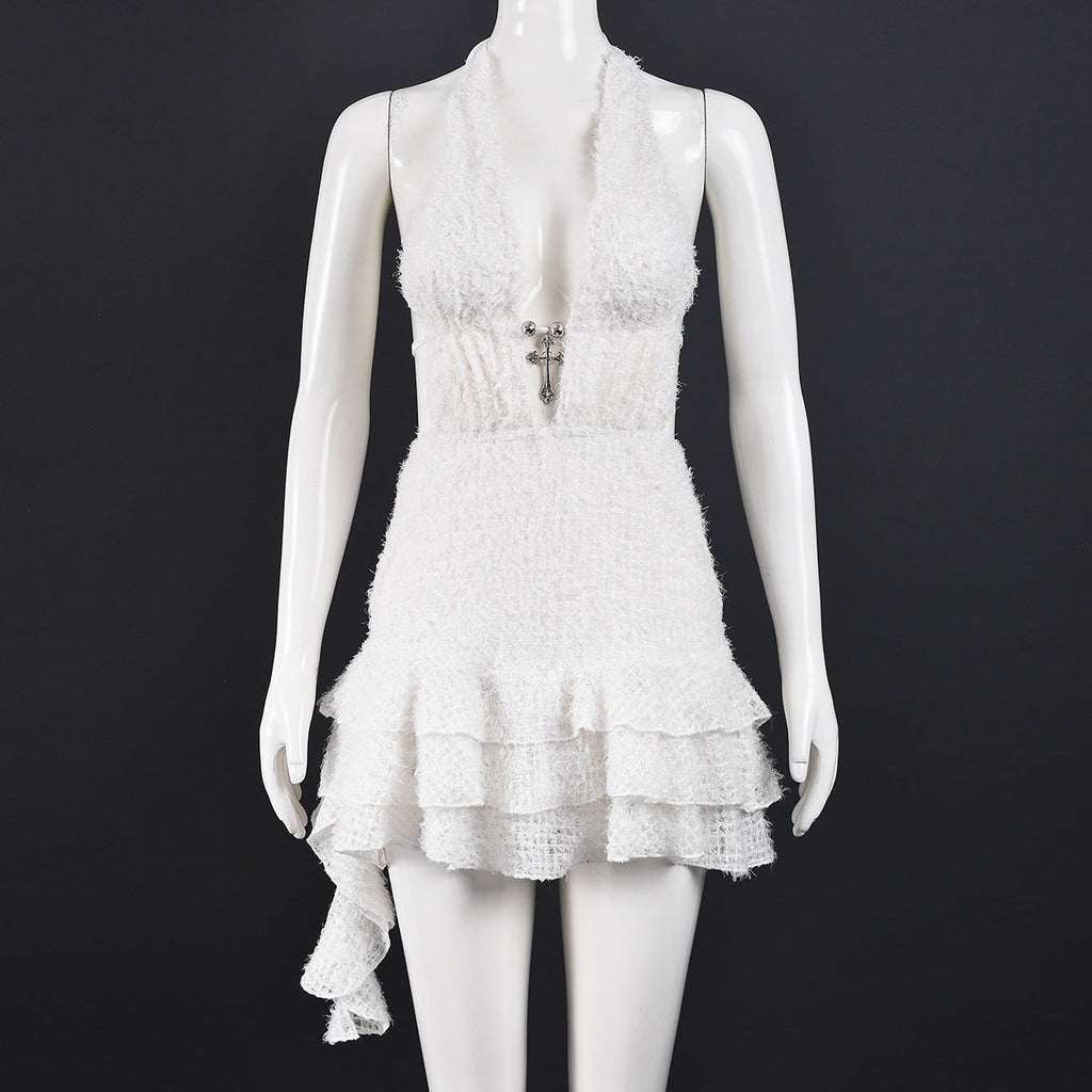 Women Clothing Dress V neck Hollow Out Cutout Pettiskirt Neck Strap Backless Fine Wool Dress