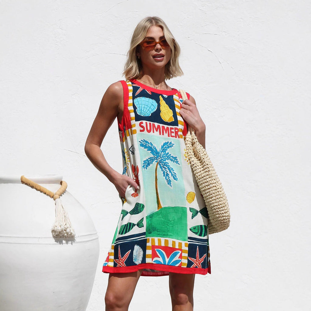 Dress Positioning Multicolor Printing Sleeveless Vest Dress