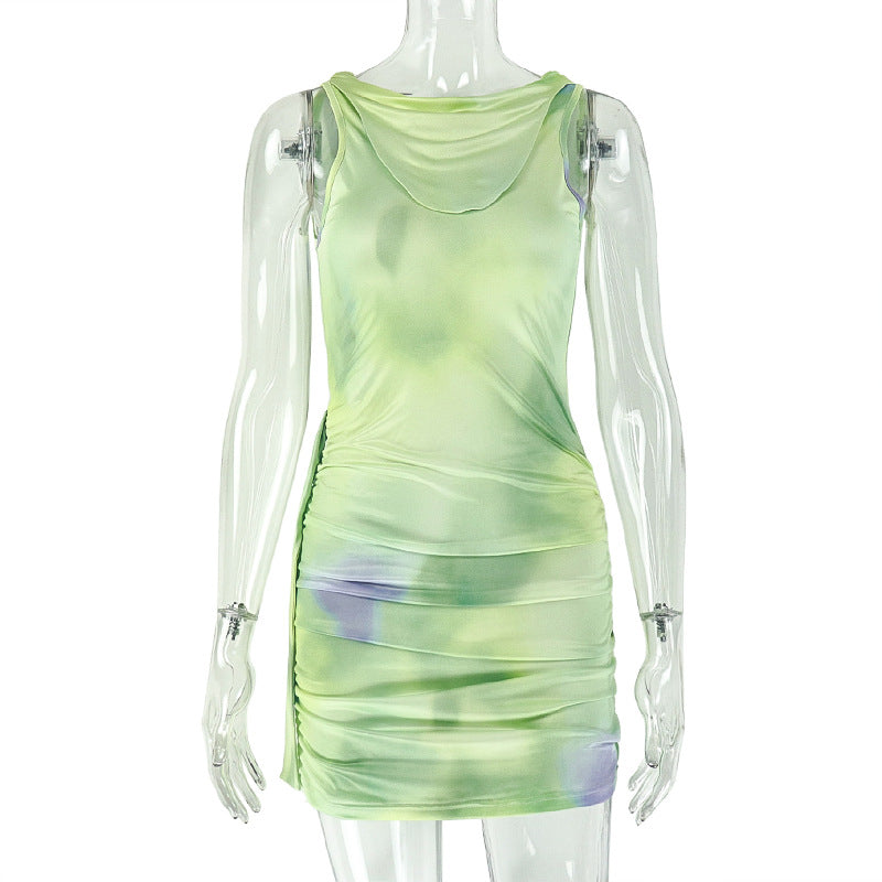 Women Clothing Pleated Sleeveless Color Matching Tight Waist Hip Dress Shopping Mall round Neck Printed Short Dress