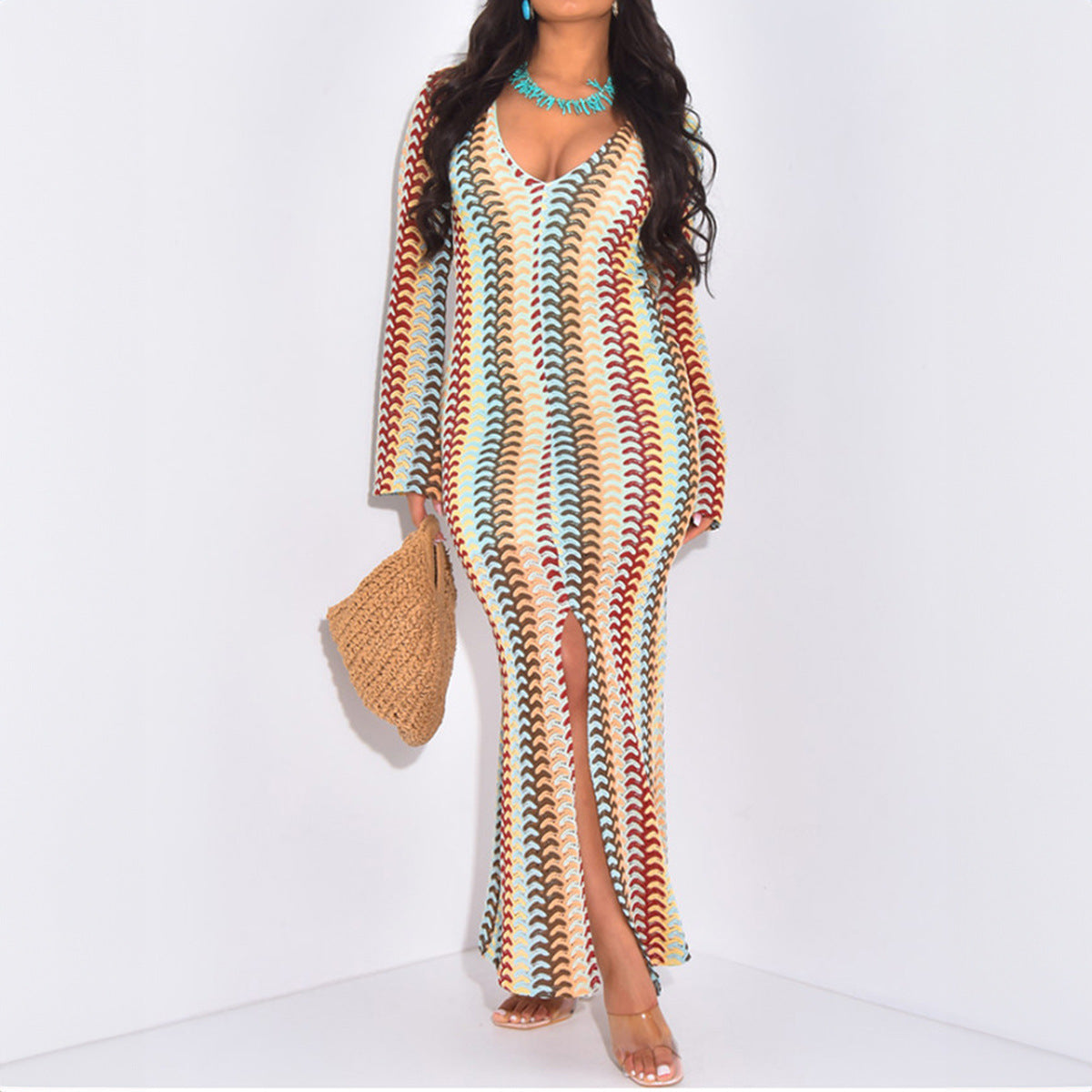 Vacation Elegant Long Sleeve Narrow Maxi Dress Women Clothing Autumn Winter