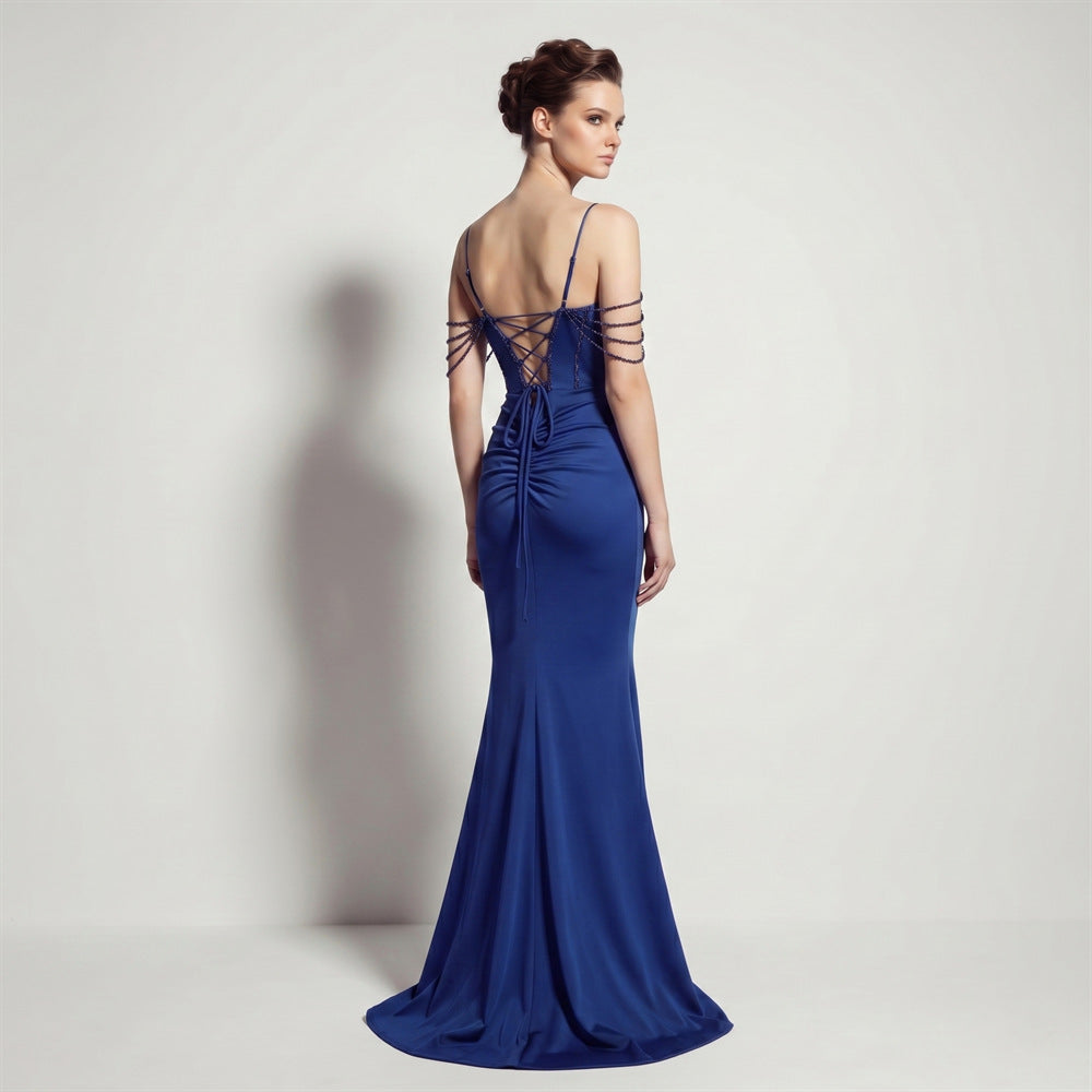 Sexy Satin High Slit Slim Fit Lace up Fishtail Long Annual Party Party Evening Dress