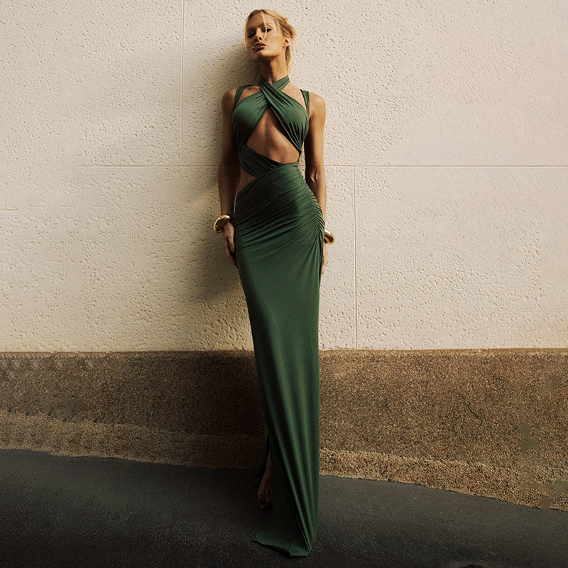 Autumn Winter Women Stitching Sexy Hollow Out Cutout out Solid Color Slim Fit Sheath Fishtail Dress