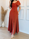 Women Ruffle Sleeve Waist Trimming Casual Elegant Button Split Dress
