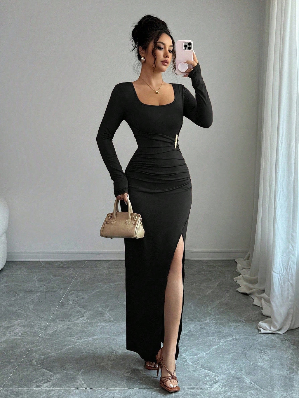 Spring U Collar Solid Color Slim Fit Slimming Knitted Long Sleeve Split Dress