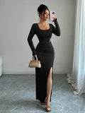 Spring U Collar Solid Color Slim Fit Slimming Knitted Long Sleeve Split Dress