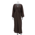 Women Clothing Casual Loose Dress Simple V neck Long Sleeve Side Slit Self Tie Dress