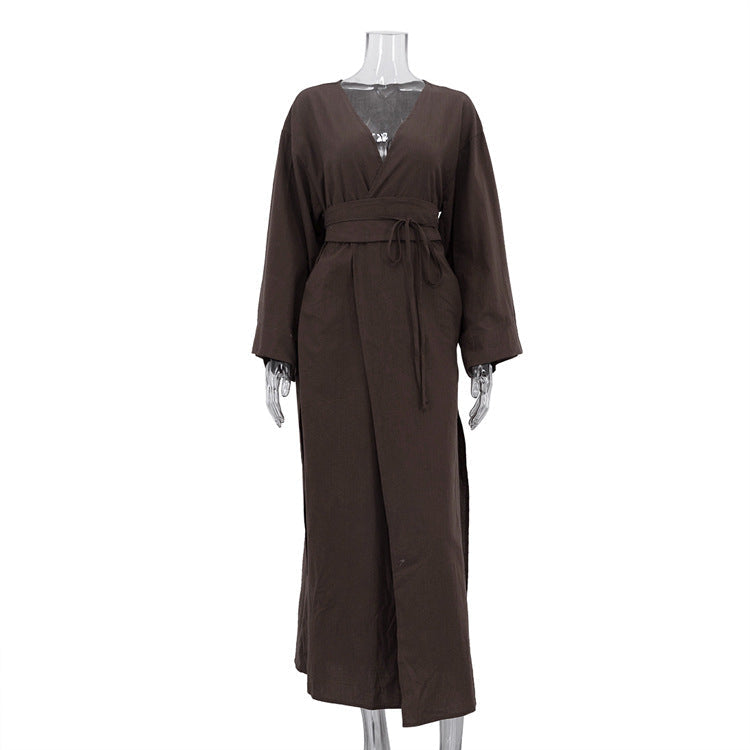 Women Clothing Casual Loose Dress Simple V neck Long Sleeve Side Slit Self Tie Dress