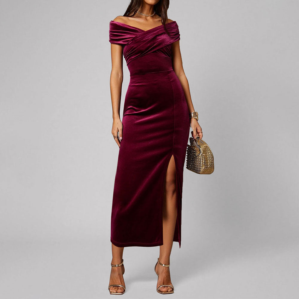 Gold Velvet Slim Fit Sheath Dress Women Cross V neck off Neck off the Shoulder Split Maxi Dress