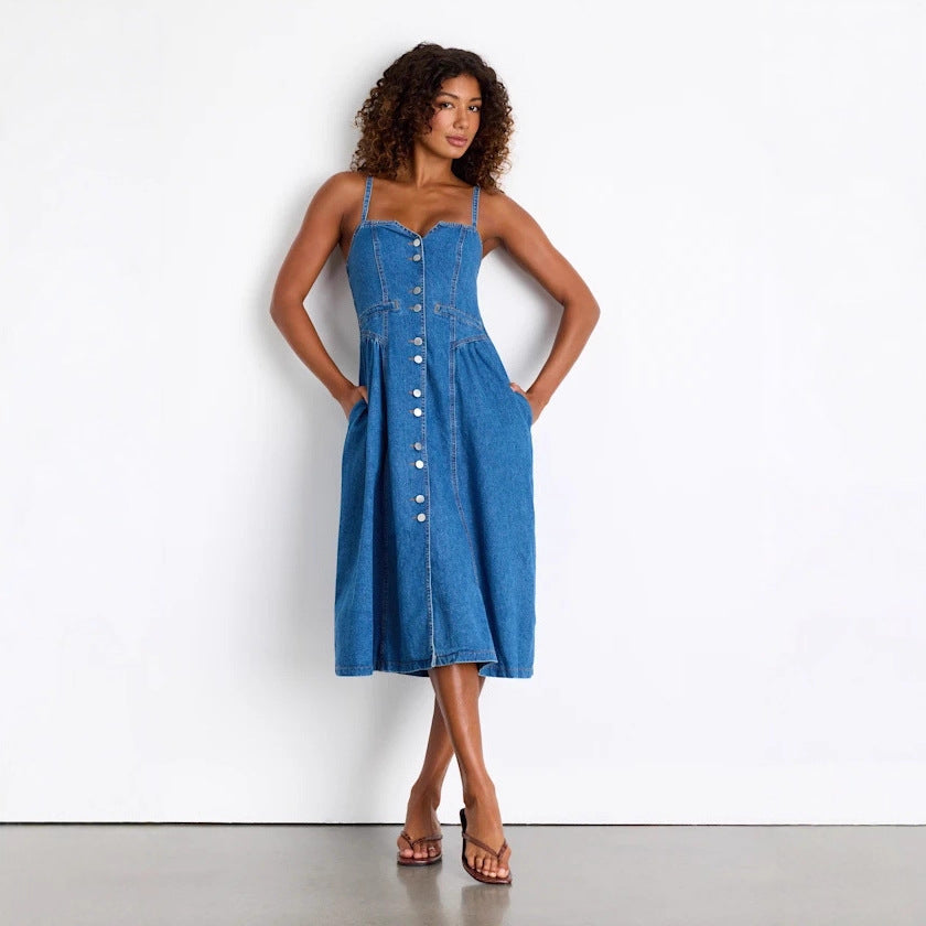 Summer Retro V neck Cardigan Denim Strap Dress Women Dress