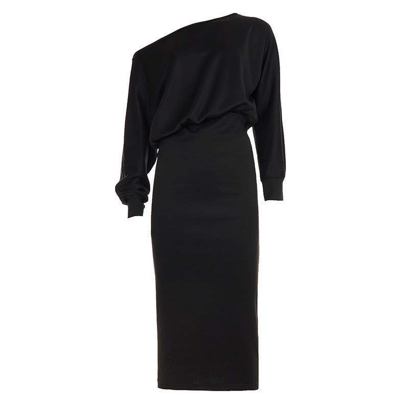 Autumn Winter Women Clothing Cross Shoulder Bag Hip Long Sleeve Dress Party Comfortable Keep Warm Solid Color Gentle Maxi Dress