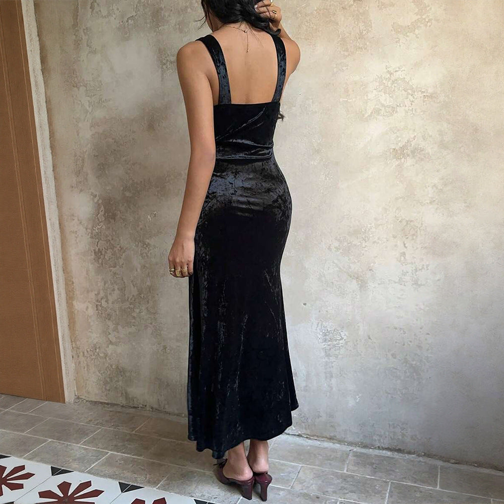 French Romantic Velvet Lace V neck Patchwork Sleeveless Dress Slim Fit Sheath Fishtail Dress Inner Wear
