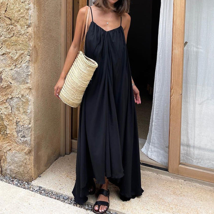 Women Clothing Fashionable Sleeveless Cami Dress Simple Graceful Backless Loose Black Dress