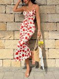 Retro French Romantic Seaside Vacation Lace up Waist Floral Wrapped Chest Slim Fit Long Cami Dress