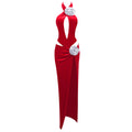 Red Rhinestone Three Dimensional Floral Hollow Out Cutout Velvet Dress Backless Formal Dress