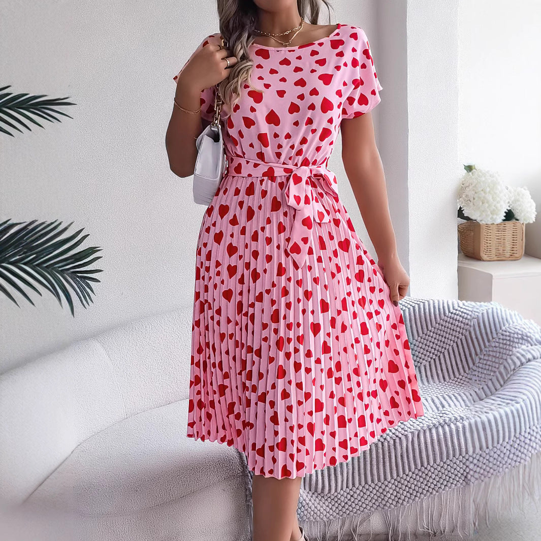 Valentine Day Gift Spring Summer Casual Contrast Color Love Heart Short Sleeve Waist Controlled Pleated Dress Women Clothing