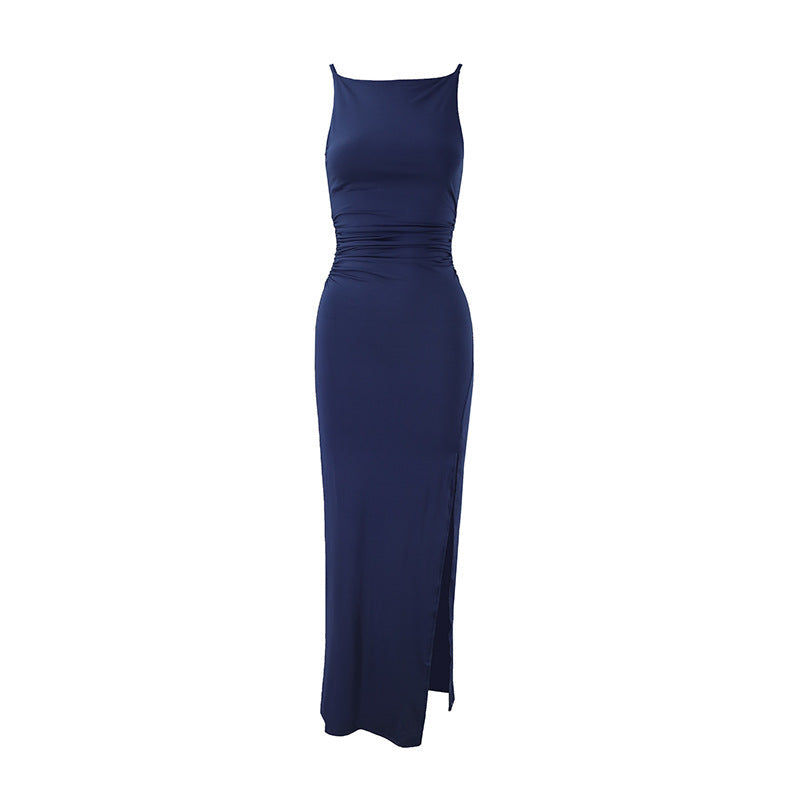 Women Clothing Summer Suspender off Neck Pleated Side Slit Elegant Dress