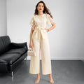 Women Clothing Elegant Summer Stitching Lace Short Sleeve Tied High Waist Straight Jumpsuit