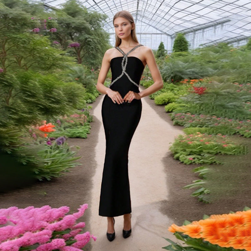 Cocktail Socialite Maxi Dress Summer Diamond Halter Sexy Slim Hip Dress Women