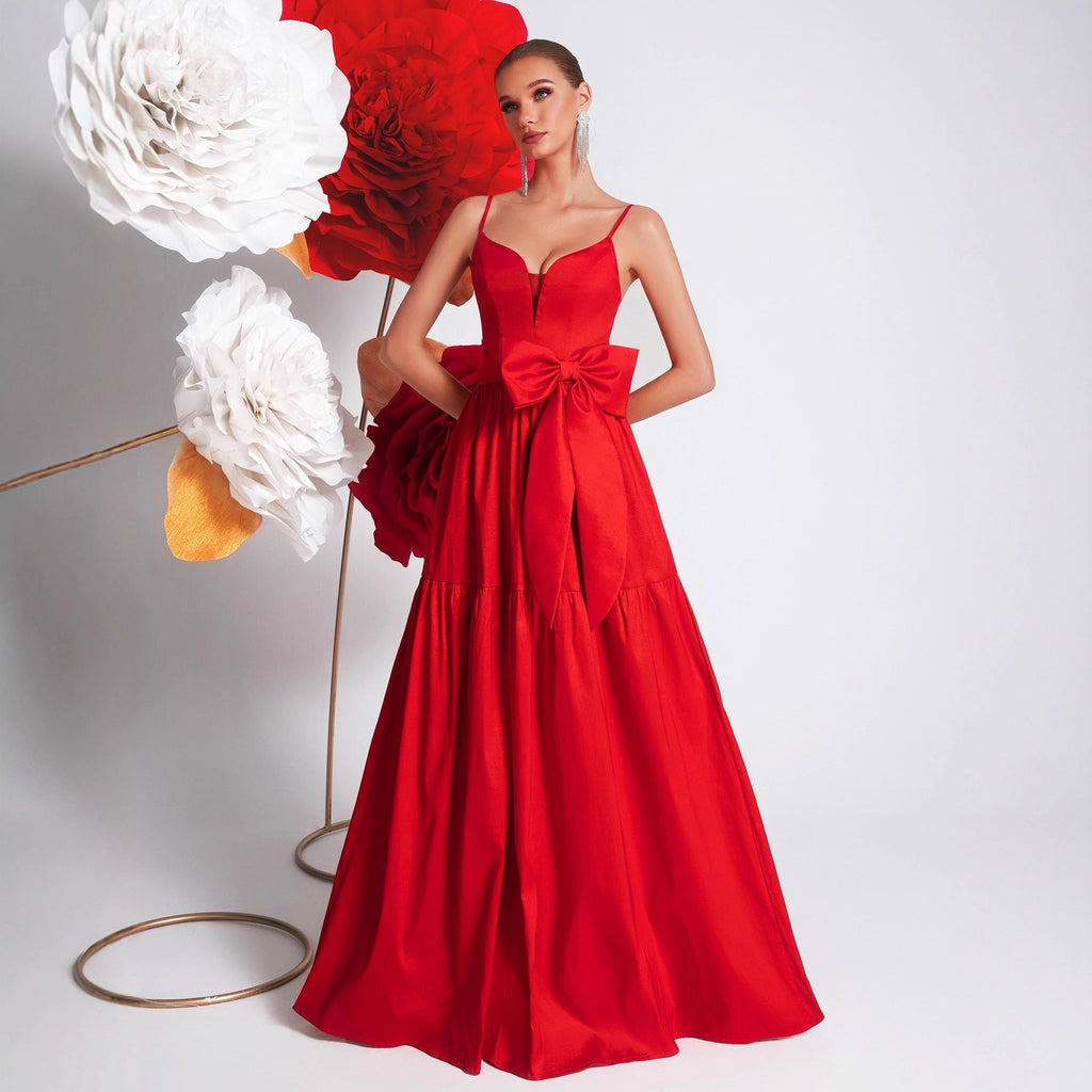 Big Bowknot Red Slip Dress Deep V Plunge Waist Tight Socialite Light Luxury Cocktail Party Evening Dress