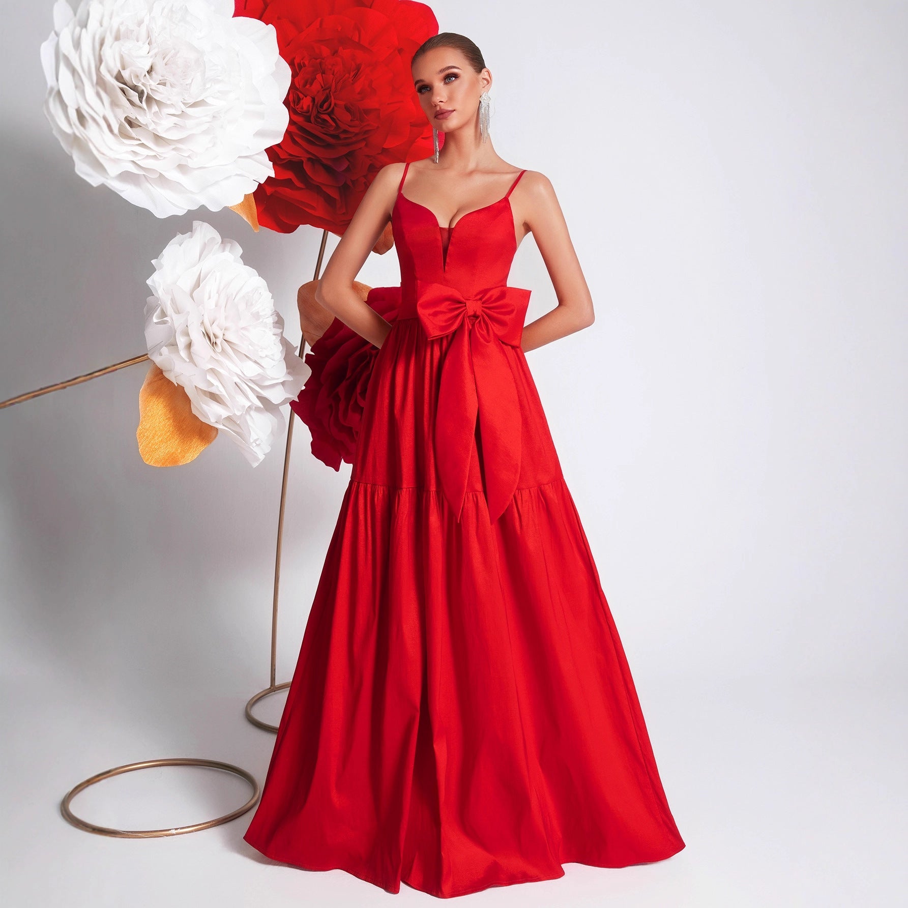 Big Bowknot Red Slip Dress Deep V Plunge Waist Tight Socialite Light Luxury Cocktail Party Evening Dress