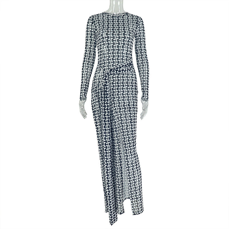 Women Split Slightly Transparent Waist Hip Dress Printed Turtleneck Long Sleeve Dress