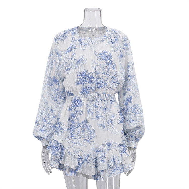 Autumn Cotton Champray Printed Casual Dress Women round Neck Long Sleeve Ruffles A line Dress