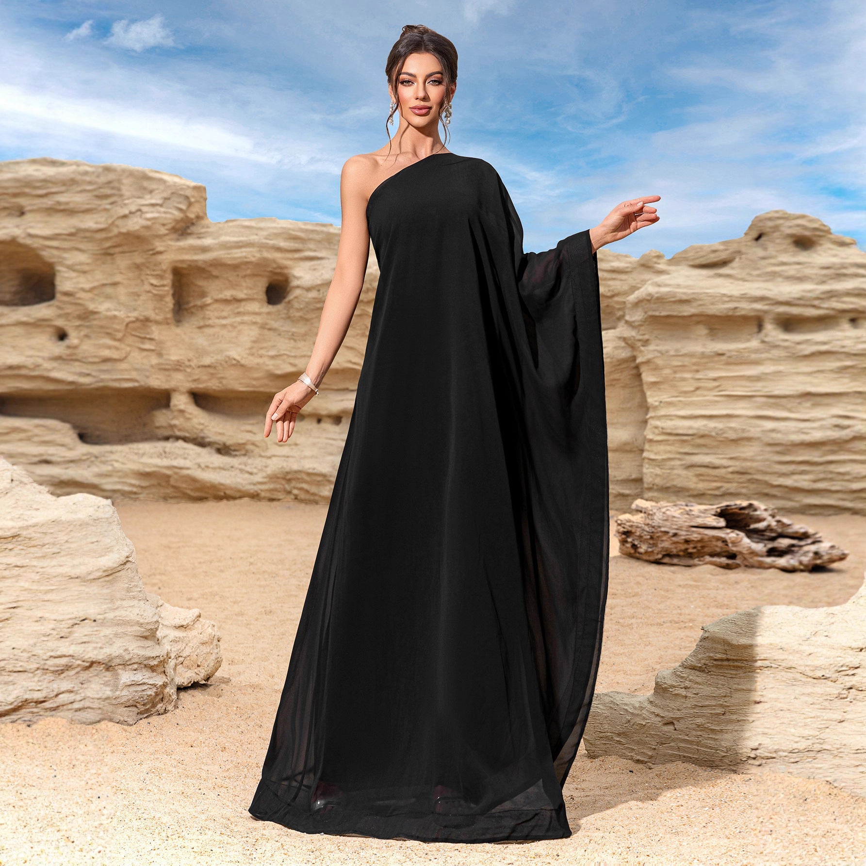 Sleeveless Sloping Shoulder Dress Women Summer Waist Slimming Dress Retro A line Dress Long Large Hem Robe
