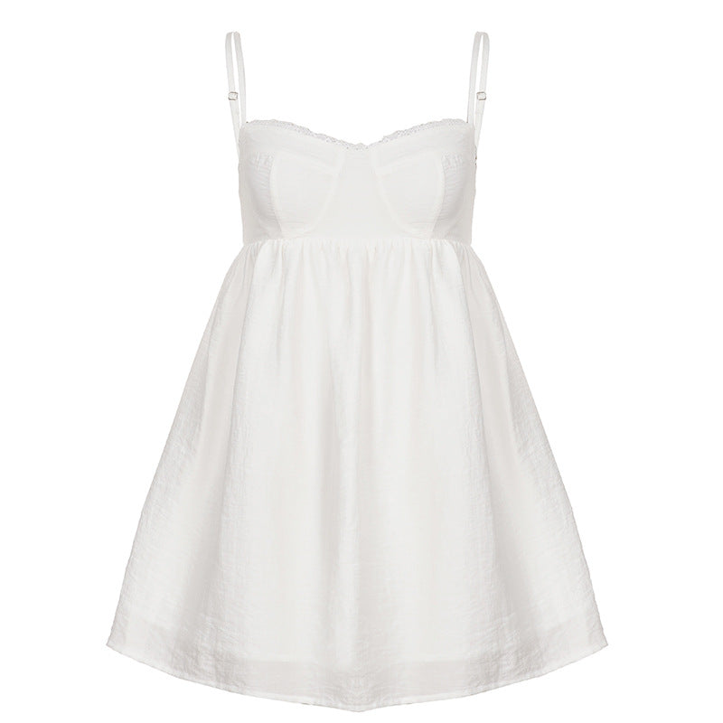 French Lazy Pure Age Reducing Lace Chest Shaped Backless Sling Summer Solid Color Vacation A Swing Dress