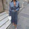 Haze Blue Waist Slimming Satin Sexy Slit Dress Fall Winter Dress