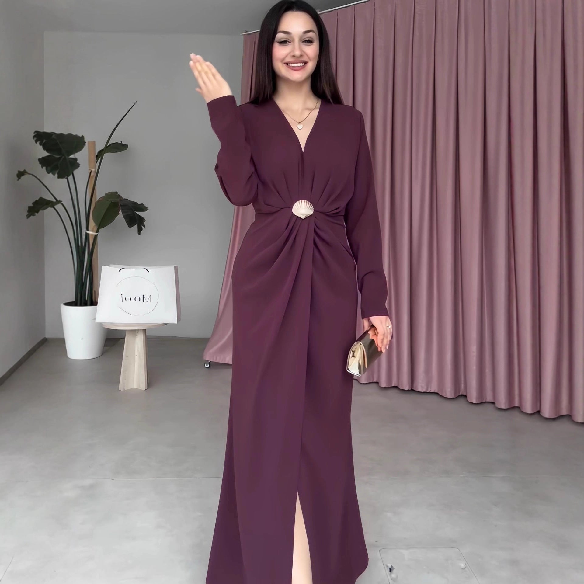 Fall V neck Long Sleeve Waist Controlled Pleated Women Dress