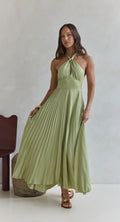 Summer Hanging Neck Pleated Mid Length Solid Color Large Swing Dress
